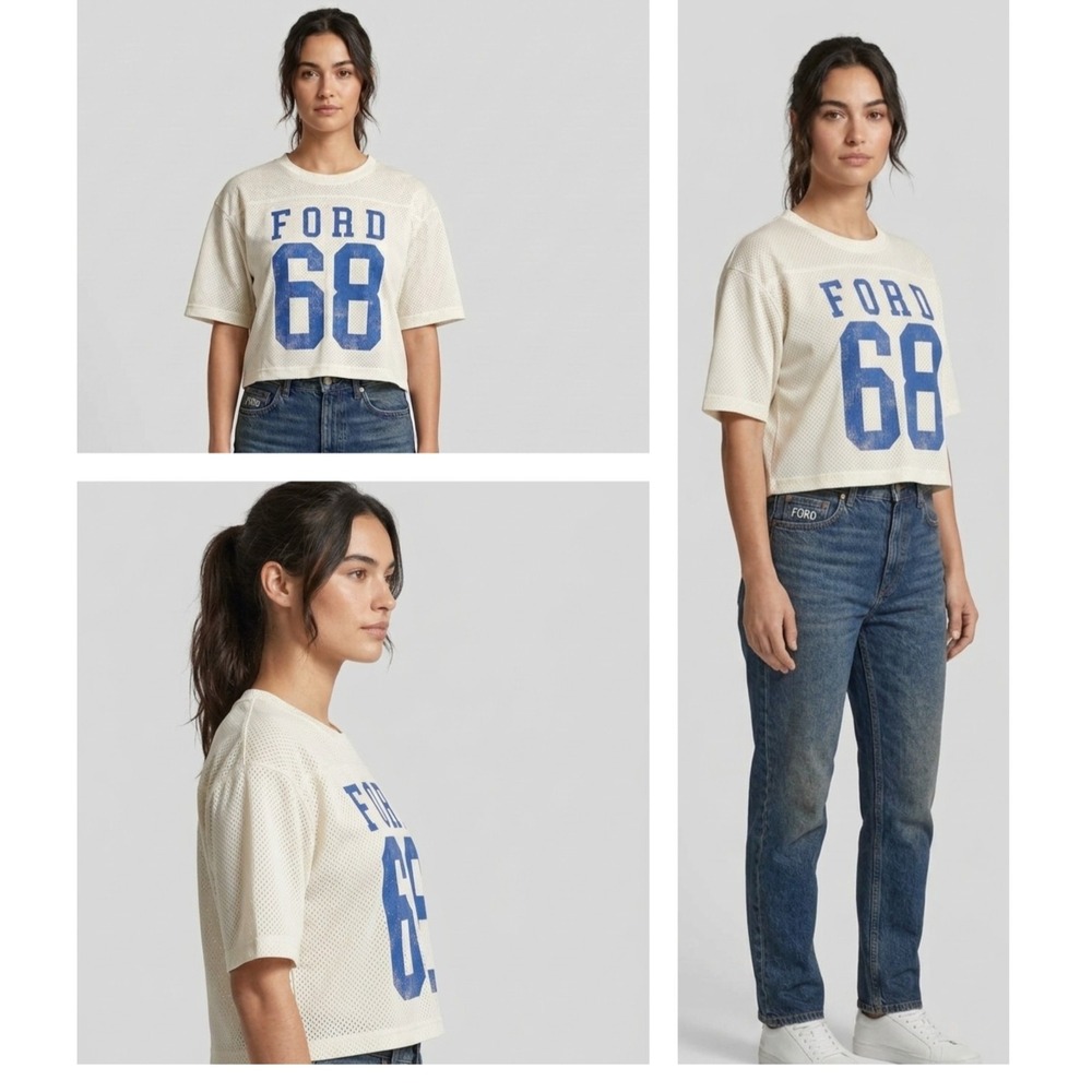 Hollister Ford 68 Jersey Womens M White Mesh Boxy Crop Fit Graphic Tee Crew Neck